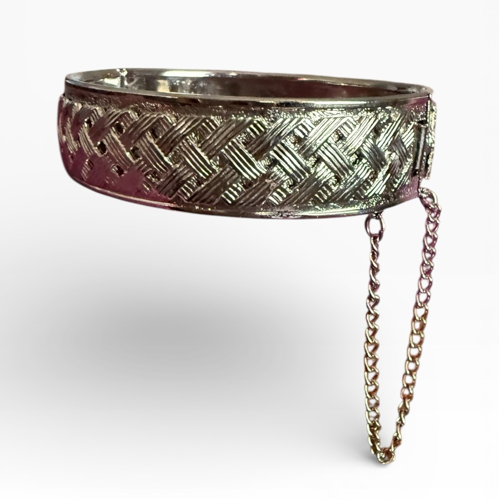 Vintage Silver Woven Bangle Hinged Bracelet w/ Safety Chain - Picture 3 of 9